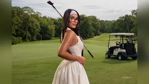 Smiling woman in a white summer dress holding a golf club on a sunny green golf course with a golf cart.