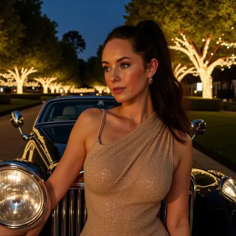 Elegant woman in a shimmering champagne cocktail dress posing by a vintage car at a twilight garden party.