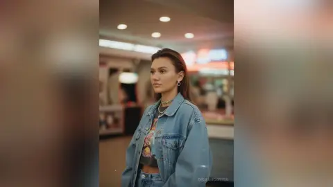 Young woman in a denim jacket and graphic tee posing thoughtfully in a modern indoor setting.