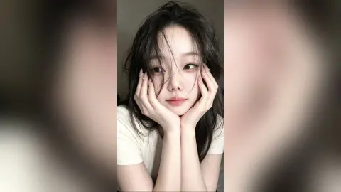 Young woman with messy dark hair wearing a white t-shirt, posing with a dreamy expression in a soft-lit room.