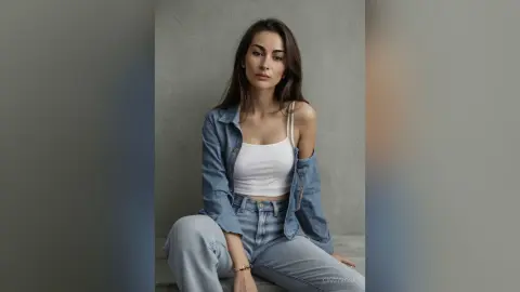 Young woman in a denim shirt and white tank top sitting against a neutral wall in a relaxed, minimalist mood.