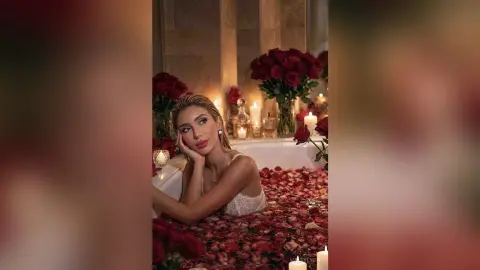 Elegant woman in a white lace dress relaxing in a rose petal bathtub surrounded by red roses and glowing candles.