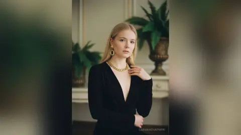 Elegant blonde woman in a black V-neck dress and gold chain necklace posing in a sophisticated indoor setting.