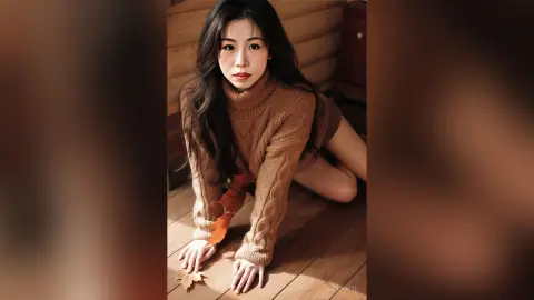 Young woman in a cozy brown turtleneck sweater sitting on a wooden floor with autumn leaves in warm lighting.