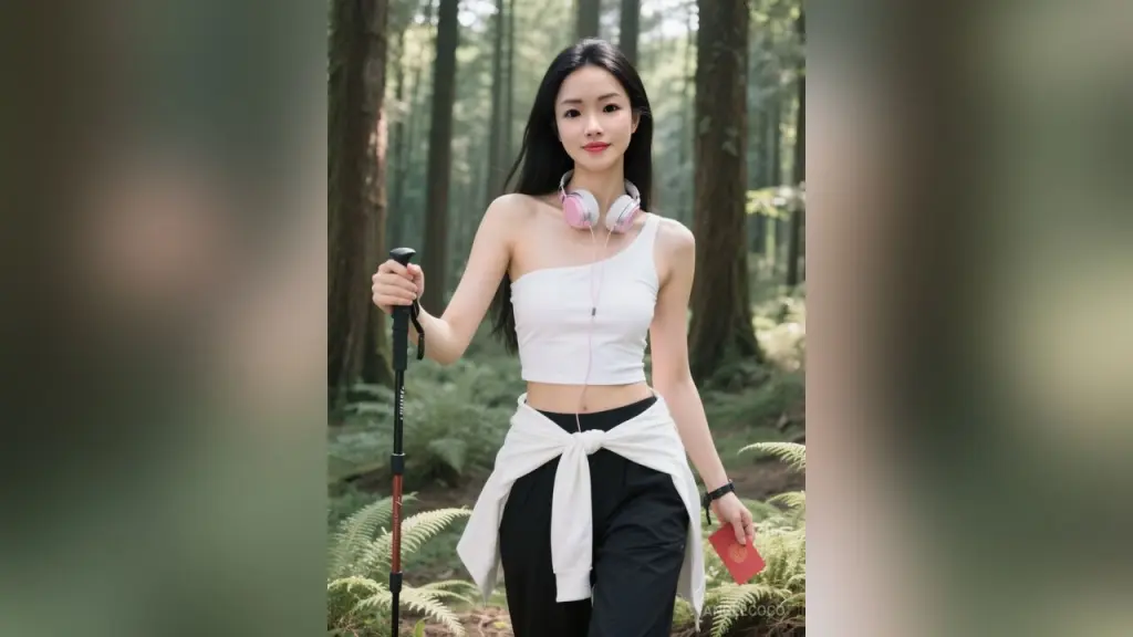 AngelCoco poses in a pink tank top and scarf amidst a vast field of blooming pink roses at sunset.