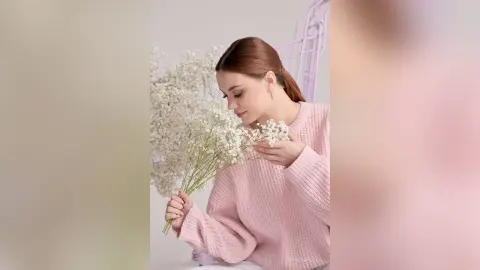 Young woman in a pink knit sweater smelling white baby's breath flowers in a soft, dreamy indoor setting.