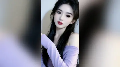 Elegant young woman with long dark hair wearing a lavender off-the-shoulder top in a soft, moody portrait.