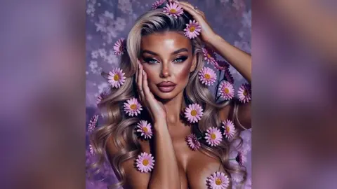 Glamorous woman with blonde wavy hair and heavy makeup posing amidst pink flowers in a dreamy purple setting.
