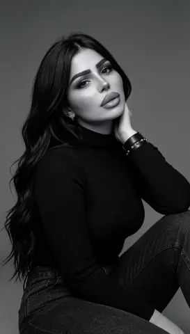 Elegant woman in a black turtleneck and jeans posing for a moody black and white portrait.