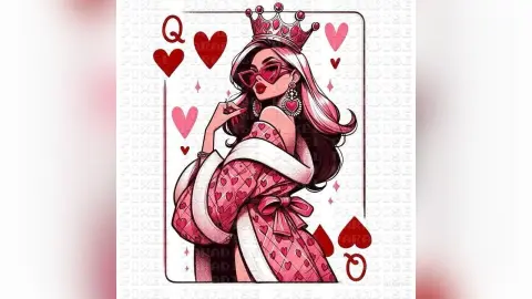 Hailey poses as a queen wearing a pink heart-patterned robe and a red crown, accessorized with heart earrings and red sunglasses.