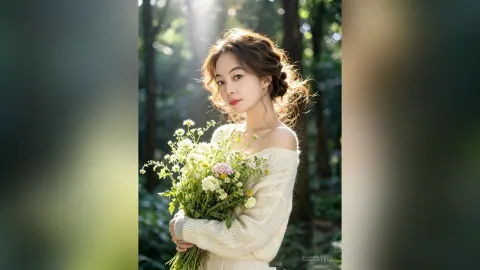 CelesteQi — CelesteQi poses in a forest setting while holding a large bouquet of wildflowers against her white sweater.
