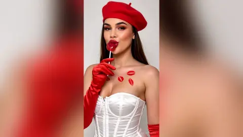 Glamorous woman in a white corset and red beret eating a lollipop against a studio background.