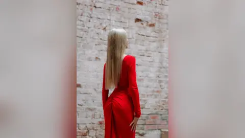 Elegant blonde woman in a long red evening gown standing against a rustic white brick wall.