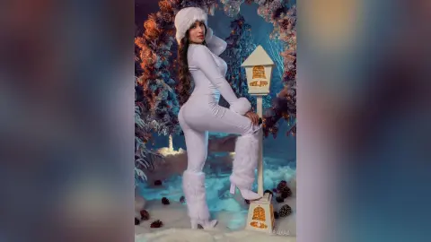 Woman in white fuzzy winter outfit and hat posing in a dreamy snowy wonderland setting.