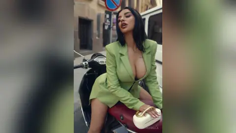 NicoleBella wears a low-cut lime green blazer suit while sitting on a red scooter in a city street.