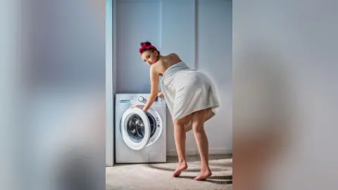 Young woman in a white towel loading a washing machine in a bright, modern laundry room.