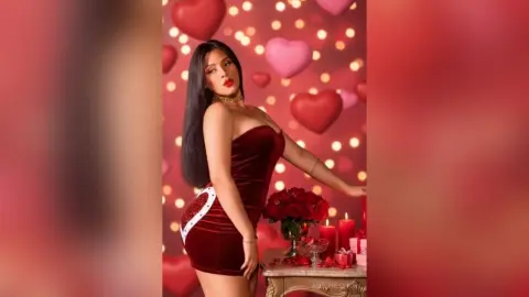 Glamorous woman in a red velvet mini dress posing amidst floating hearts for a romantic Valentine's Day mood.