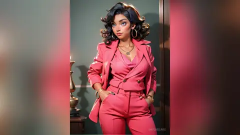 Stylish young woman in a pink power suit posing confidently in a sophisticated, moody indoor setting.