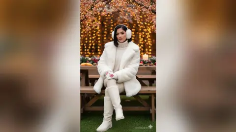 Stylish woman in white winter outfit and earmuffs sitting at a festive outdoor table with bokeh fairy lights.