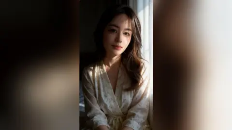 Young woman in a white floral silk robe sitting in soft sunlight for a serene indoor portrait.