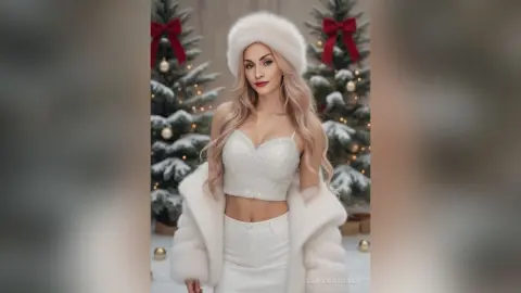 Blonde woman in white faux fur coat and crop top posing by Christmas trees in a festive winter setting.