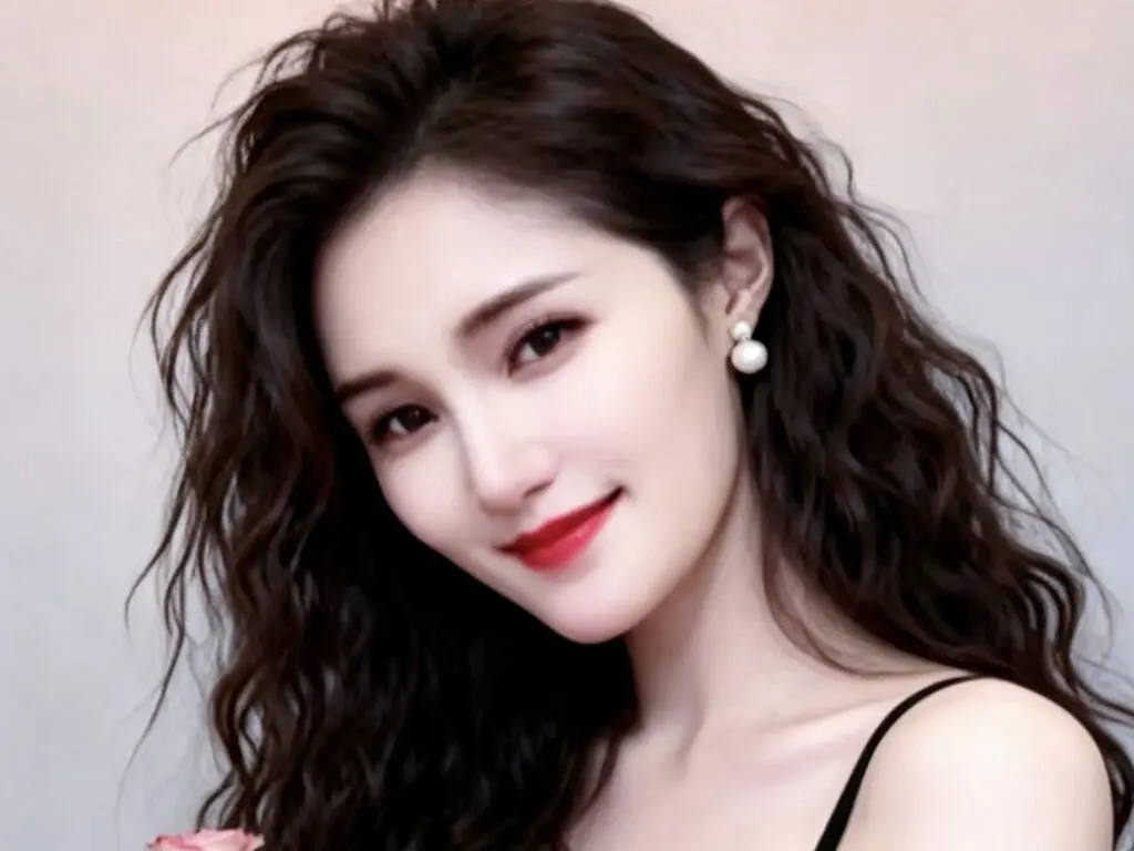 Smiling young woman with long wavy dark hair wearing pearl earrings in a soft studio portrait.