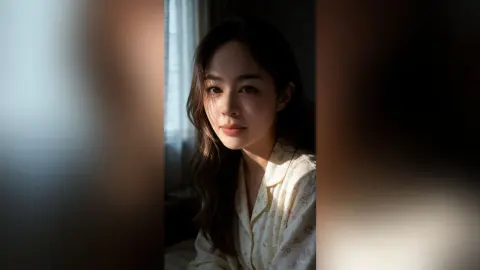 Young woman in cream floral pajamas sitting in soft sunlight by a window for a cozy, serene mood.