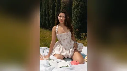 Young woman in a white floral sundress sitting on a picnic blanket in a sunny green meadow.