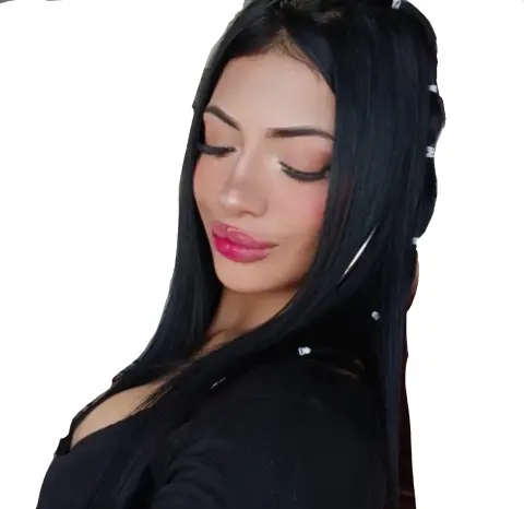 Woman with long black hair and pink lipstick wearing a black top against a white background.