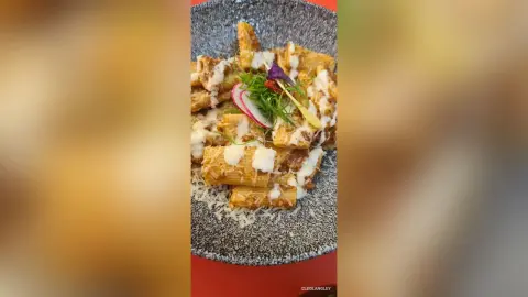 Creamy rigatoni pasta topped with fresh herbs and radish slices served in a rustic stone bowl.