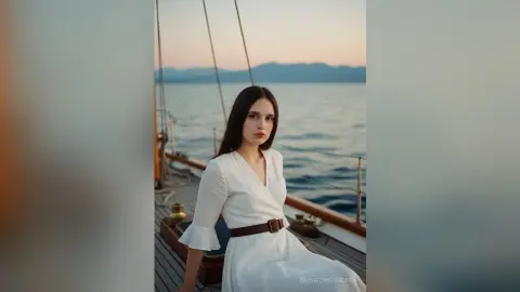 Elegant woman in a white long-sleeve dress sitting on a boat deck against a serene ocean sunset backdrop.