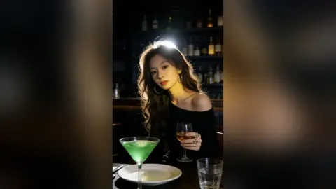 Elegant woman in a black off-the-shoulder dress enjoying a cocktail in a moody, dimly lit lounge setting.
