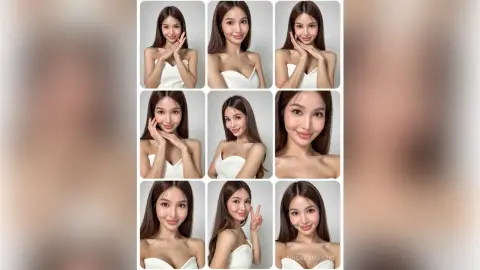 Smiling young woman in a white sleeveless top posing for a bright studio portrait collage.