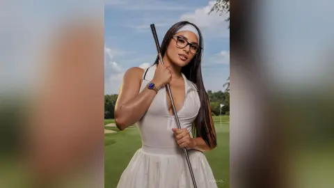 Stylish woman in white athletic outfit holding a golf club on a sunny green golf course.