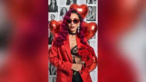 Woman with magenta hair in a red blazer holding a bouquet of roses against a romantic heart backdrop.
