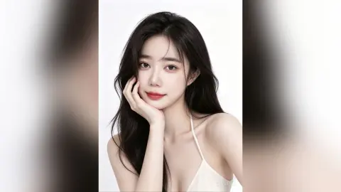 Beautiful young woman with long dark hair wearing a white camisole against a clean white background.