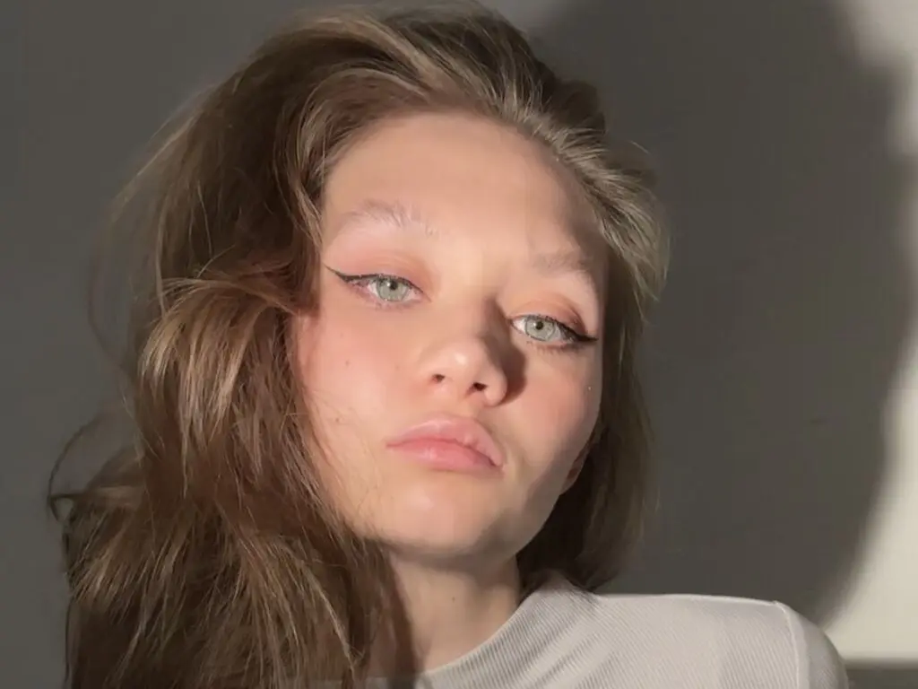 Close-up portrait of a young woman with winged eyeliner and long wavy hair in soft, moody sunlight.