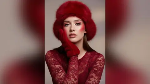 TeresiaCaspi poses in a red lace top and a fluffy red fur hat with her hand against her cheek.