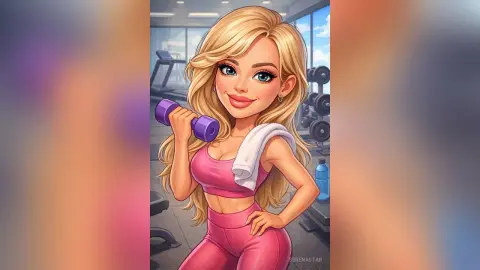 SerenaStar poses in a pink sports bra and leggings in a gym, holding a purple dumbbell and a white towel over her shoulder.