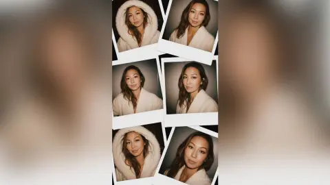 Collage of cozy polaroid portraits featuring a smiling woman in a white fuzzy hooded sweater.