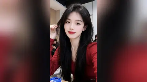 liyufei poses with long black hair and red lipstick, wearing a red long-sleeved top.