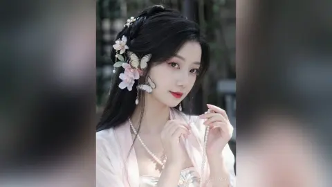Elegant woman in a pale pink traditional dress with floral hair accessories in a soft, ethereal garden setting.
