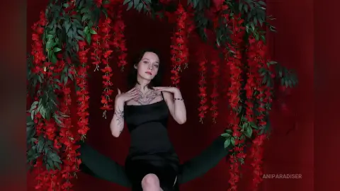 Young woman in a black slip dress posing amidst hanging red flowers in a moody, romantic setting.