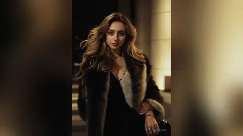 Elegant woman in a black dress and luxurious faux fur coat posing in a moody urban night setting.