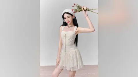 Young woman in a white lace mini dress and white beanie holding red roses against a plain studio background.