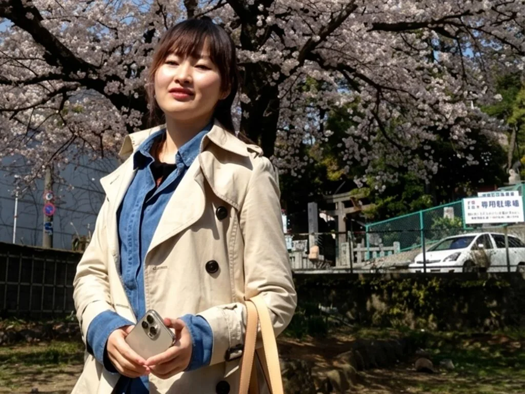Luckyi stands outdoors in front of blooming cherry blossom trees wearing a tan trench coat and blue button-down shirt.