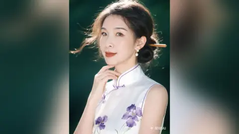 Elegant woman in a white floral cheongsam posing gracefully against a soft green background.