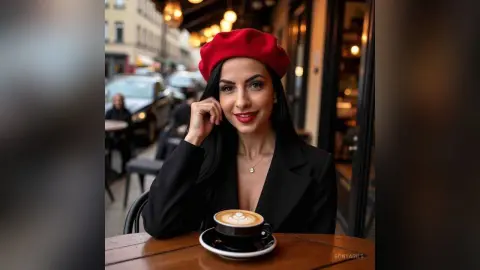 Elegant woman in a black blazer and red beret enjoying coffee at an outdoor city cafe.