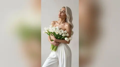 Blonde woman in white trousers holding a large bouquet of white tulips in a bright, minimalist setting.