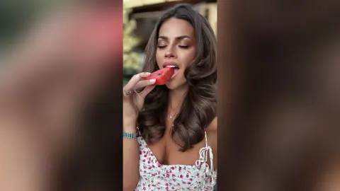 Beautiful woman in a white floral sundress eating a slice of watermelon in a bright outdoor setting.
